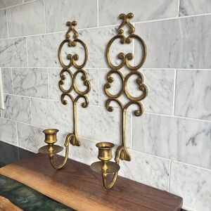 Vintage Ornate Brass Scroll Candle Holder Wall Sconces